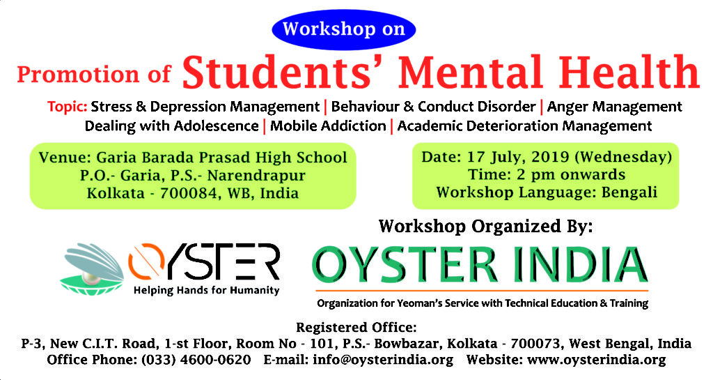 Workshop on Promotion of Students’ Mental Health at a Kolkata Higher Secondary School organized by Oyster India (Workshop conducted by Dr. Jakir Hossain Laskar)