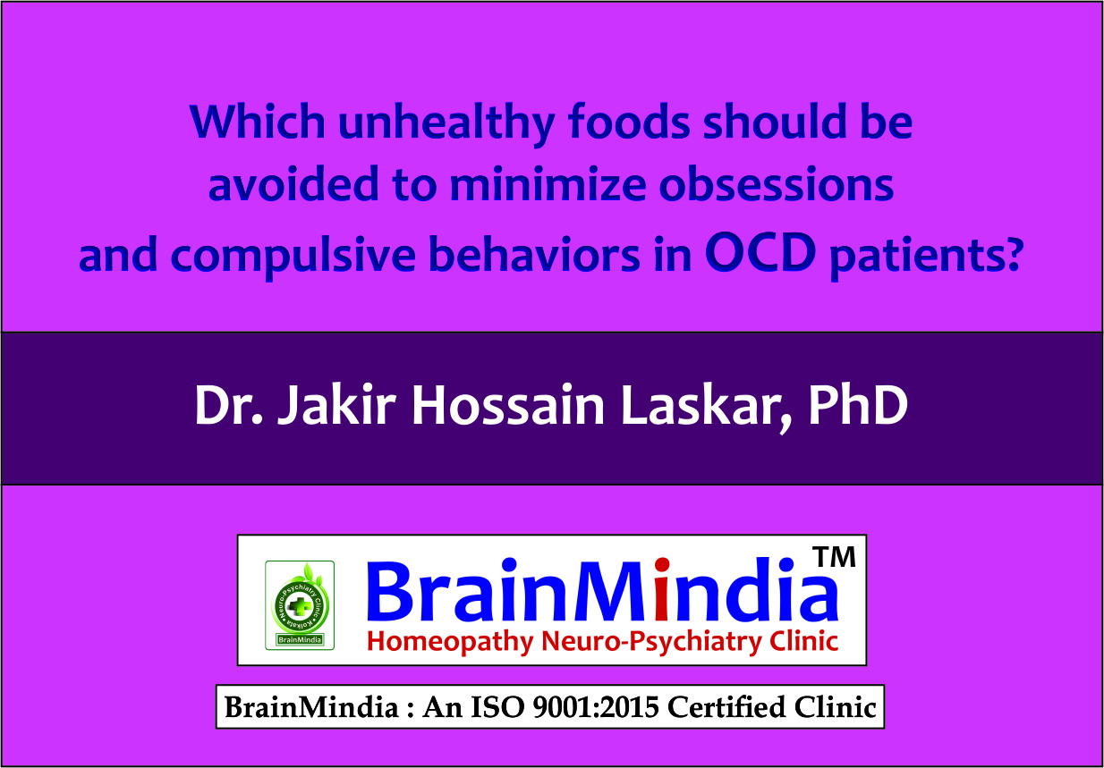 Which unhealthy foods should be avoided to minimize obsessions and compulsive behaviors in OCD patients?